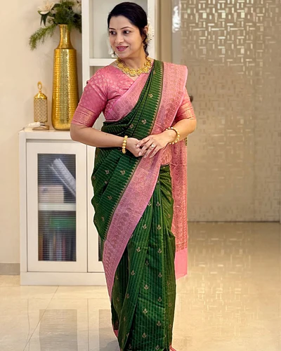 Kanchipuram Silk Saree Green with Pink